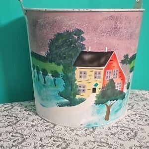 Vintage 80's Hand Painted Metal Farmhouse Scene Bucket Kitch Pail OOAK